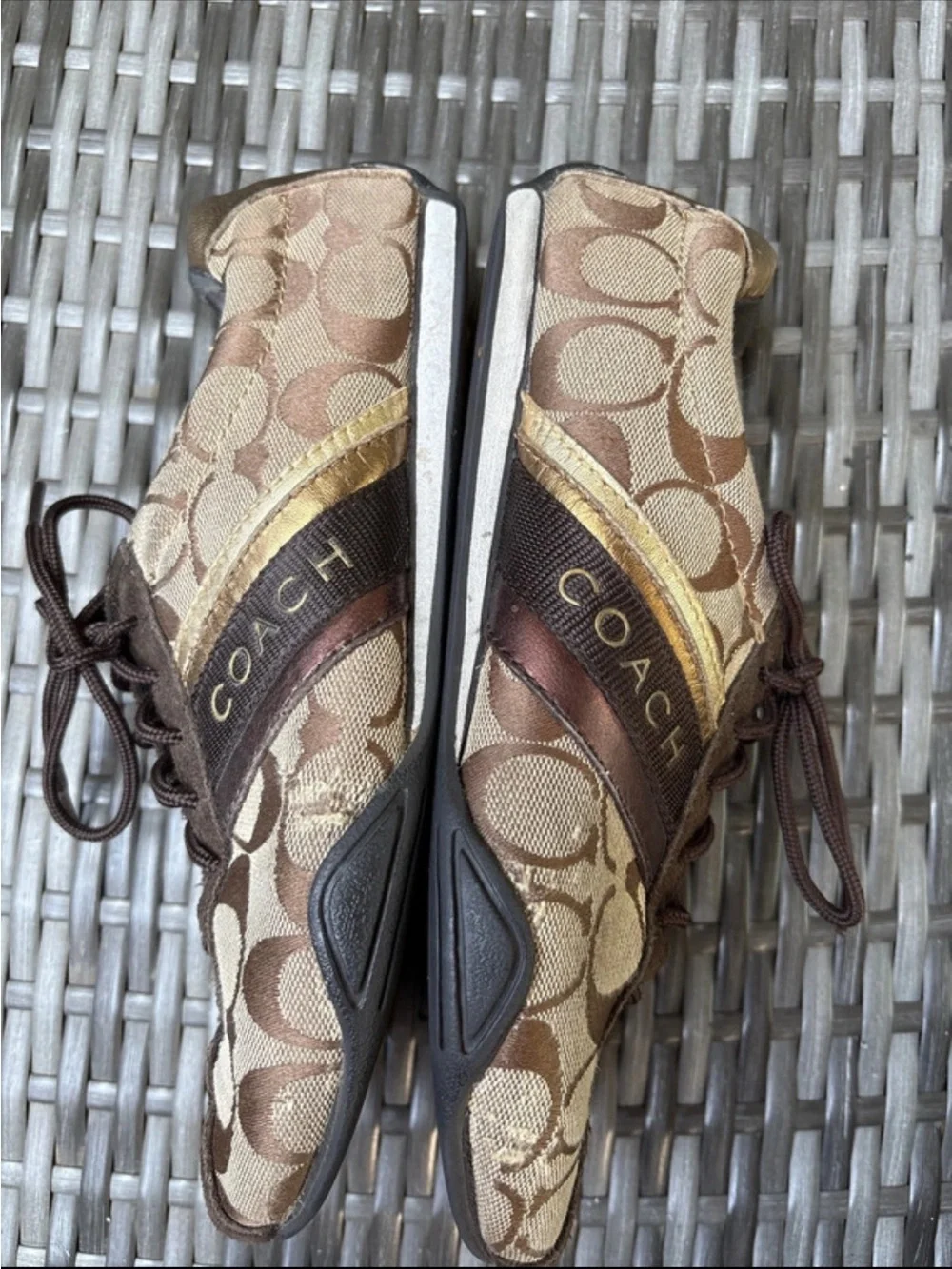 Coach Brown Signature Canvas Sneakers with Gold & Bronze Stripes - Women